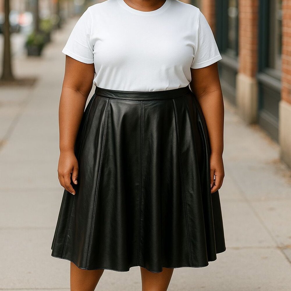 Carla Rockmore Collection Regular Black Faux Leather Circle Midi Skirt (1XP)